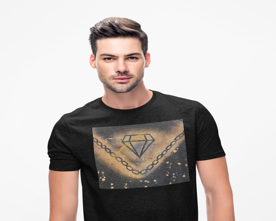 Man wearing a black t-shirt with a graphic design on a white background