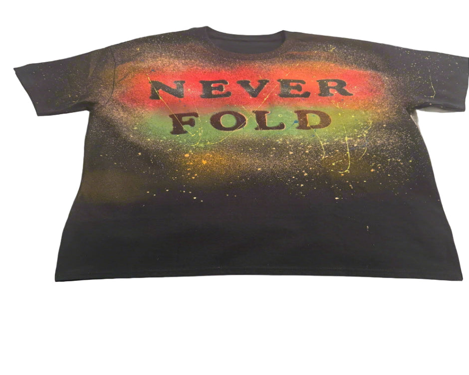 Black t-shirt with 'NEVER FOLD' text on a white bedspread